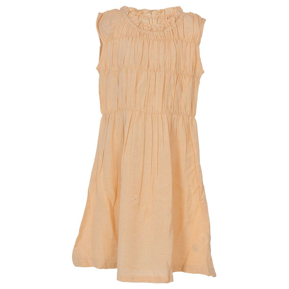 Flower Girl - Girl's Round Neck Plain Dress - Peach