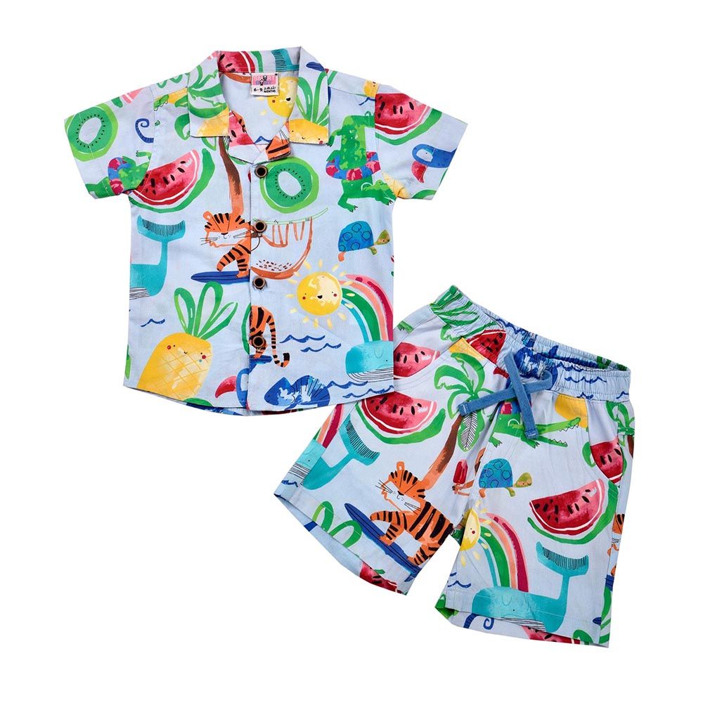 Smart Baby - 2pc-Set - Cuban Collar Printed Shirt w/ Bermuda Shorts