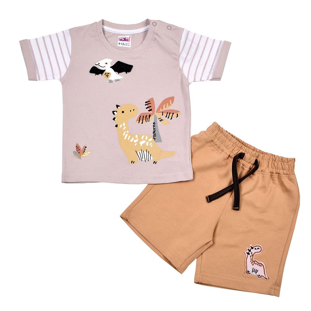 Smart Baby - 2pc-Set - Printed T-Shirt w/ Shorts - Light Onion