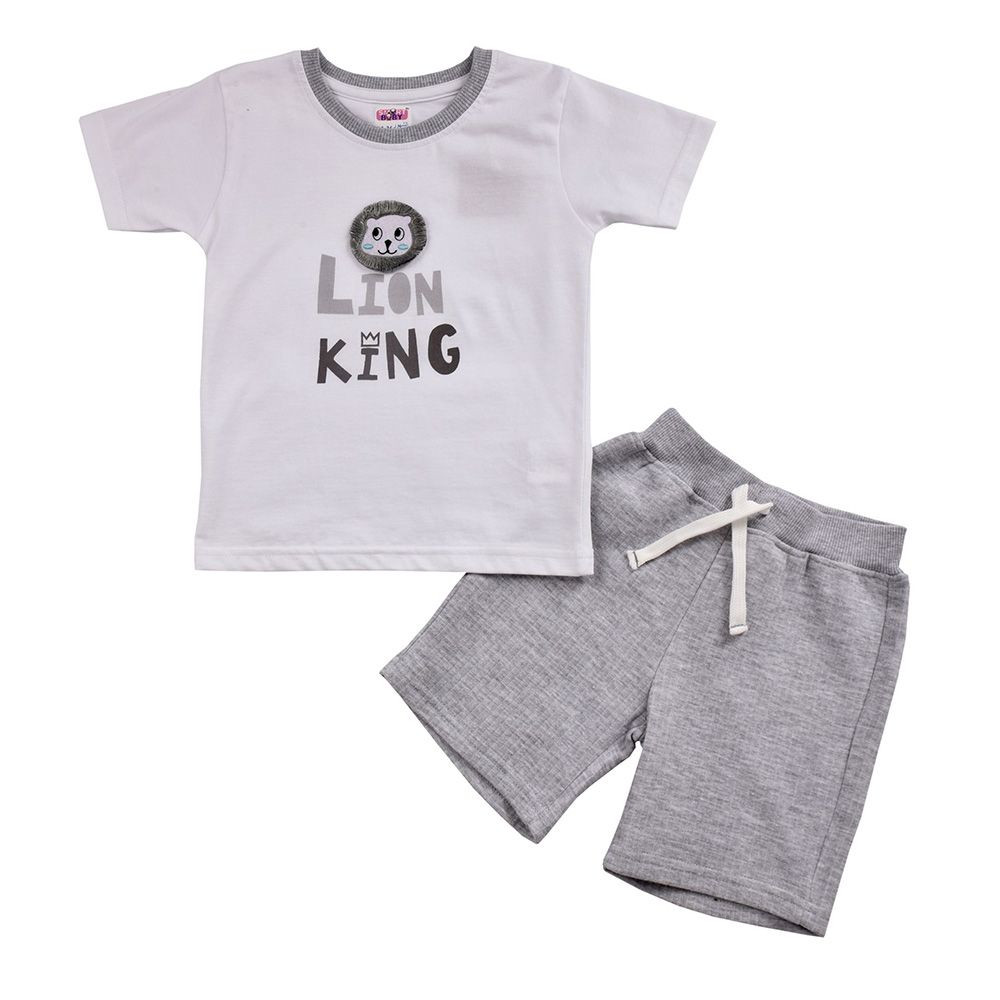 Smart Baby - 2pc-Set - Lion Printed T-Shirt w/ Bermuda Shorts - White/Khaki