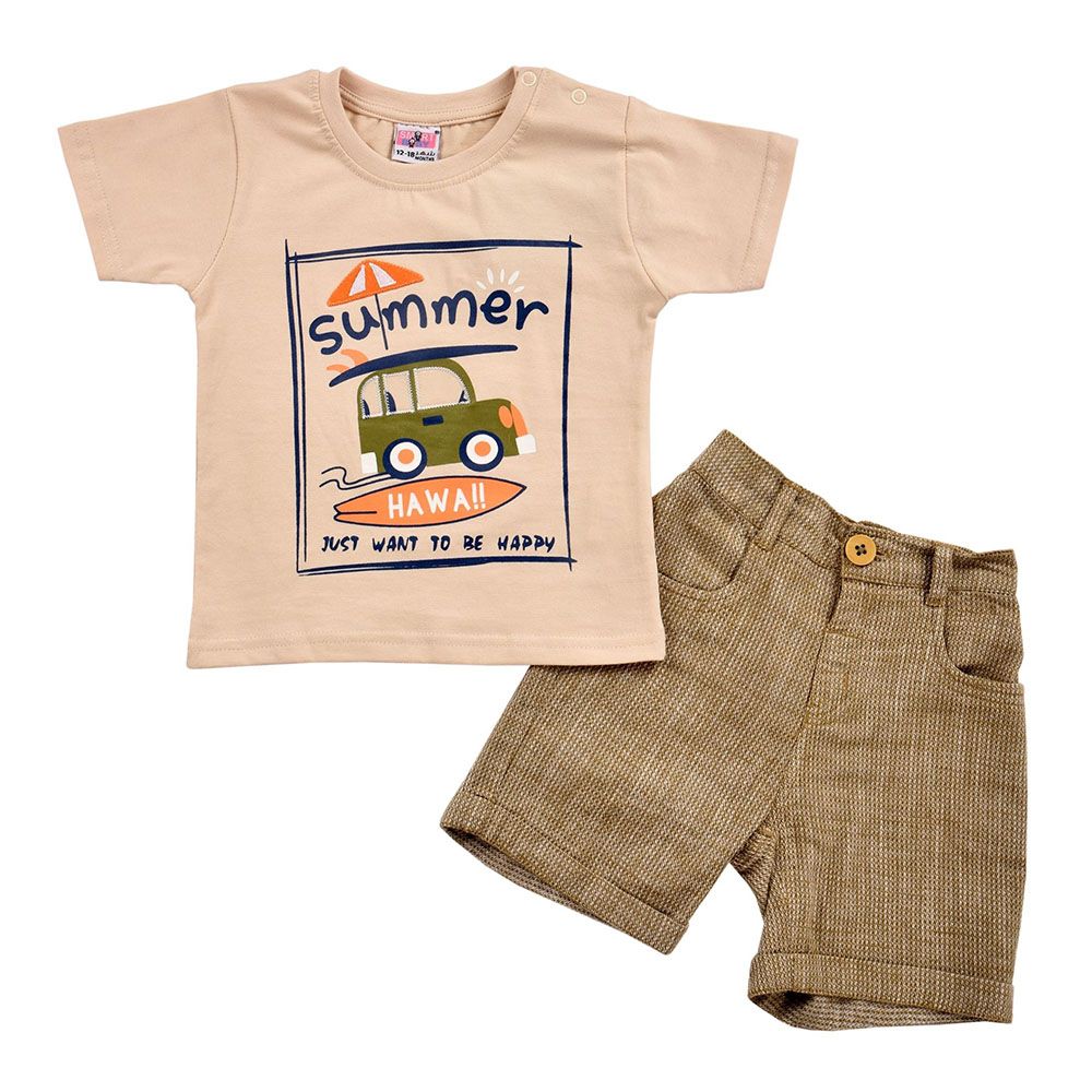 Smart Baby - 2pc-Set - Round Neck T-Shirt w/ Bermuda Shorts - Beige