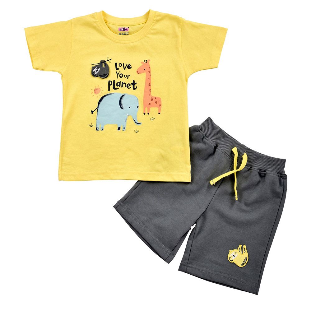 Smart Baby - 2pc-Set - Animal Print T-Shirt w/ Bermuda Shorts - Yellow/Khaki