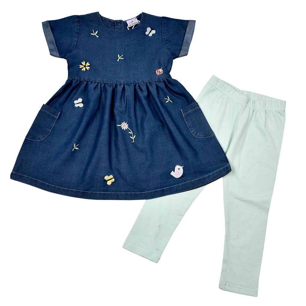 Smart Baby - 2pc-Set - Printed Dress w/ Leggings - Denim/Blue