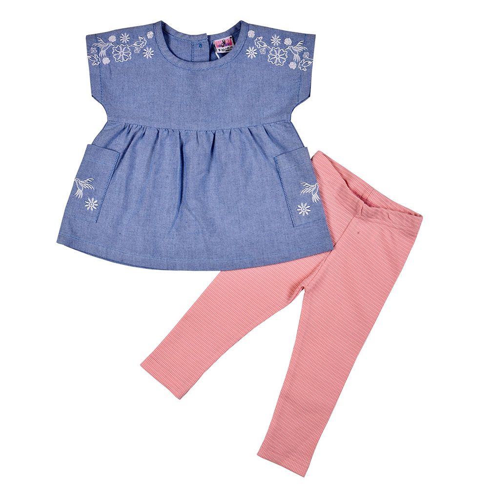 Smart Baby - 2pc-Set - Embroidered Top w/ Leggings - Peach/Denim