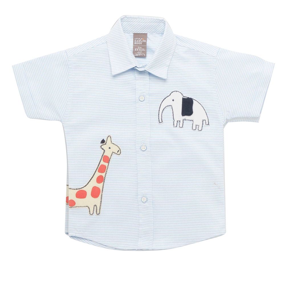 Little Kangaroos - Baby Boy Collar Neck Giraffe Print Shirt - Sky Blue