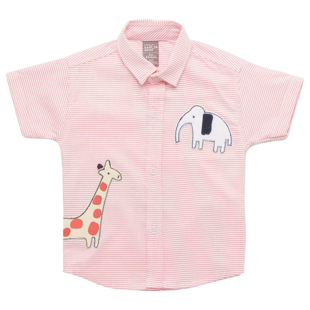 Little Kangaroos - Baby Boy Collar Neck Giraffe Print Shirt - Pink