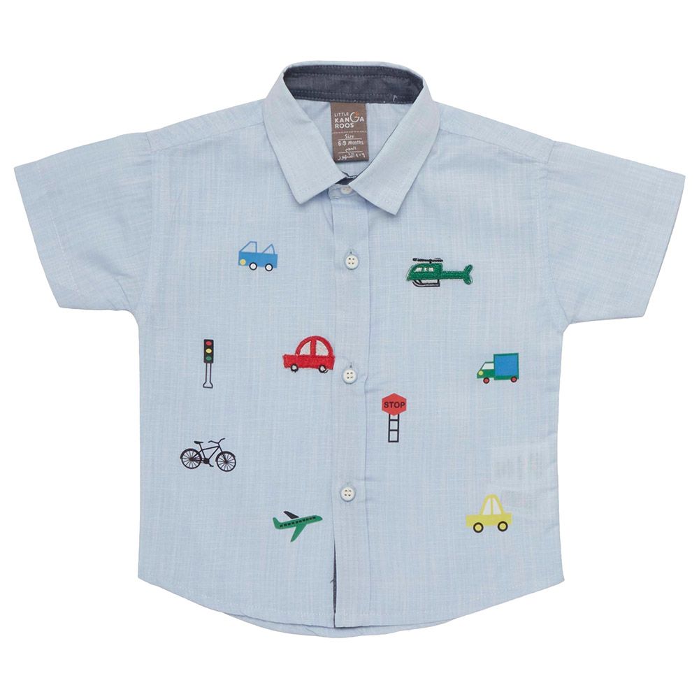 Little Kangaroos - Baby Boy Half Sleeve Vehicle Print Shirt - Blue