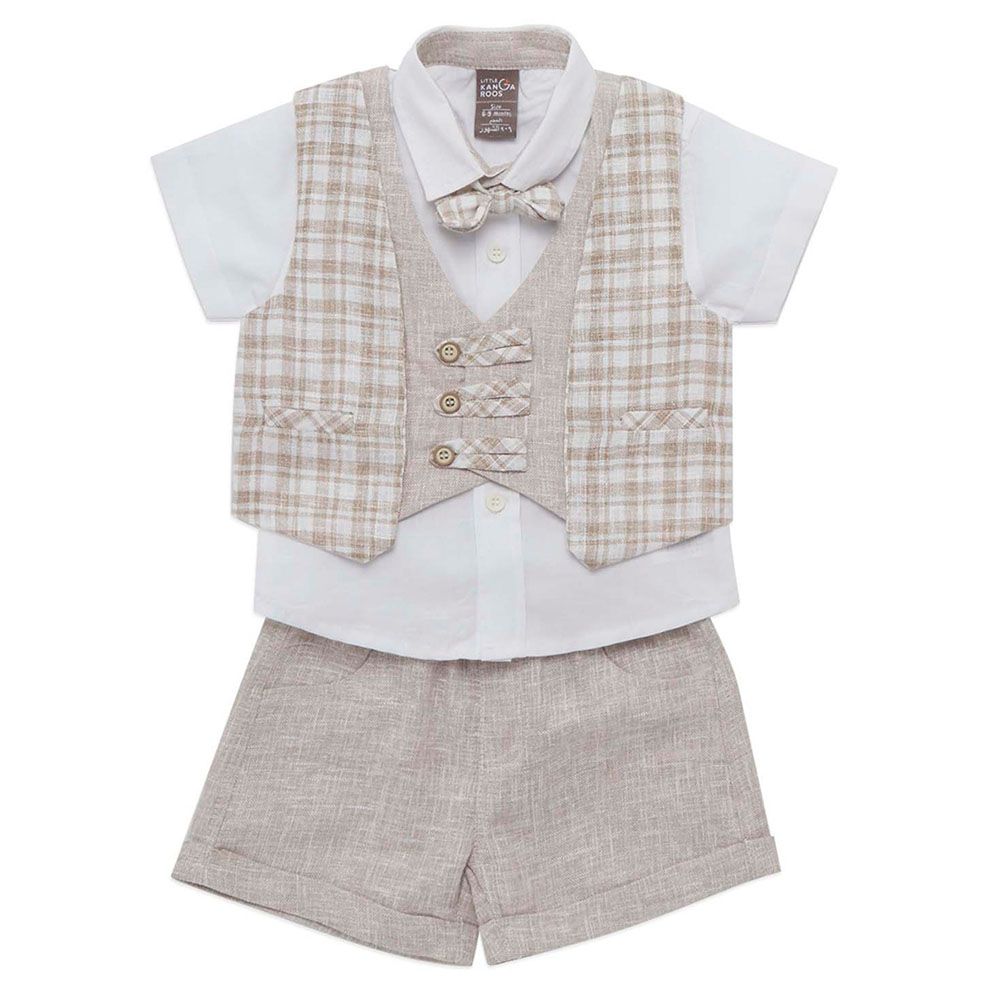 Little Kangaroos - 3pc-Set - Baby Boy Shirt, Checks Waistcoat & Shorts - Natural/White