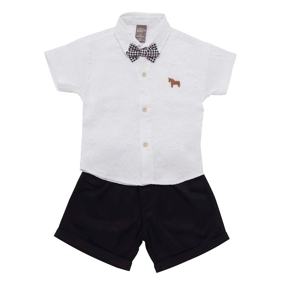 Little Kangaroos - 3pc-Set - Baby Boy Collar Neck Shirt, Bow & Shorts - White/Black