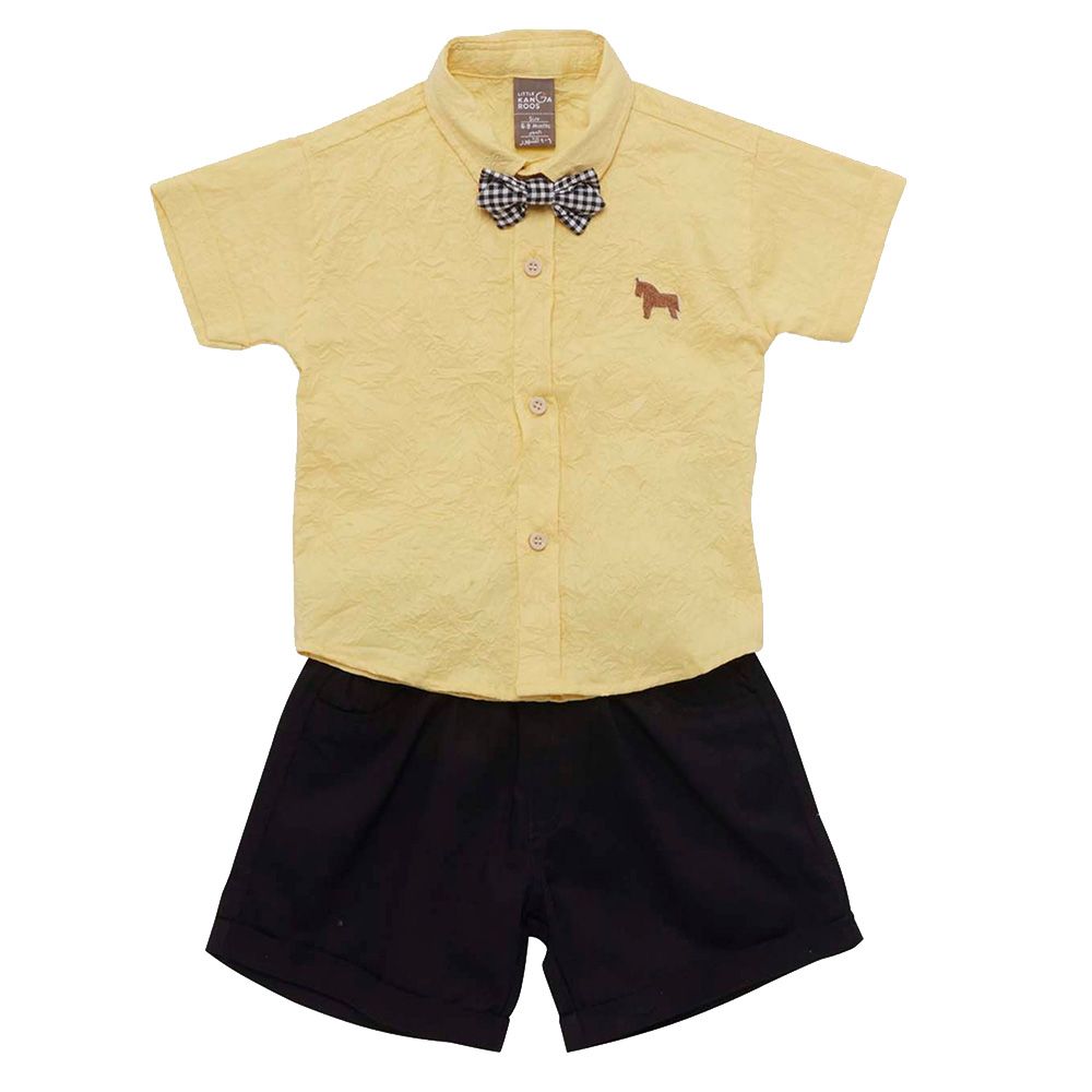 Little Kangaroos - 3pc-Set - Baby Boy Collar Neck Shirt, Bow & Shorts - Lemon/Black