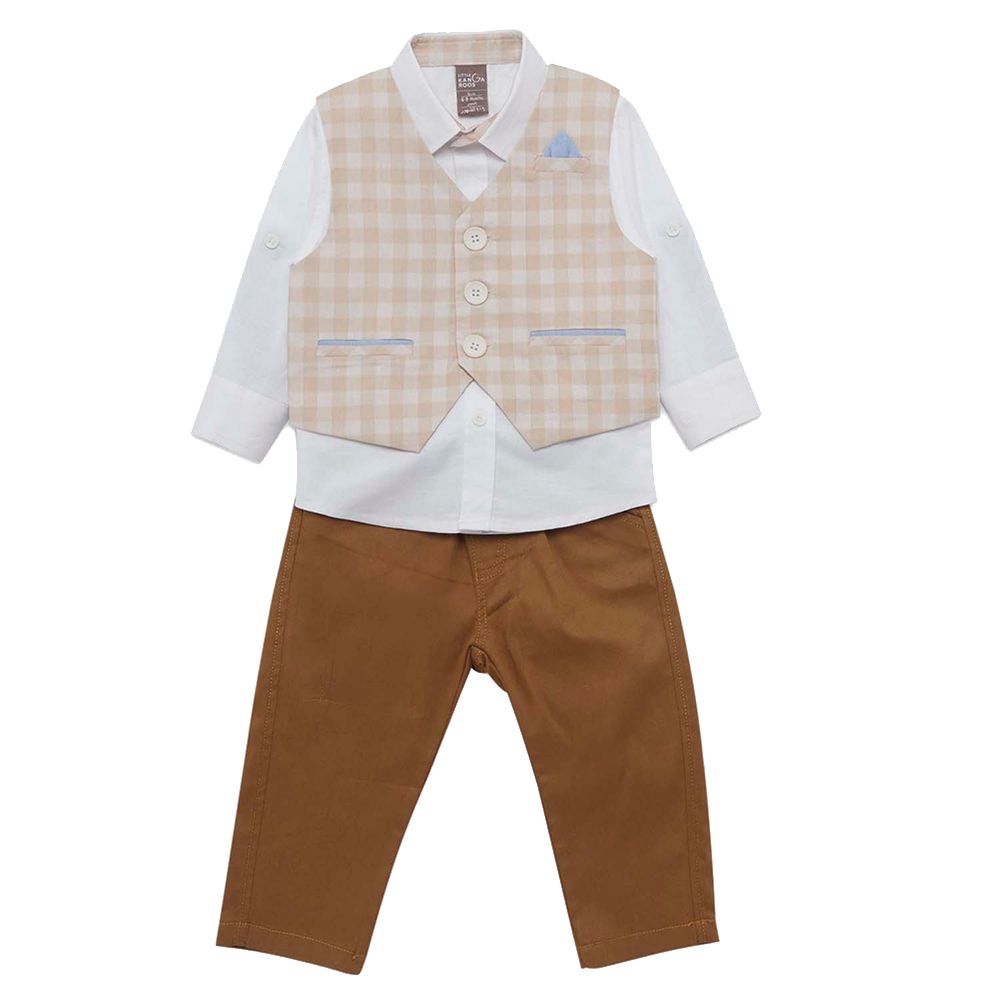 Little Kangaroos - 3pc-Set - Baby Boy Shirt, Waistcoat & Chino Pants - Fawn