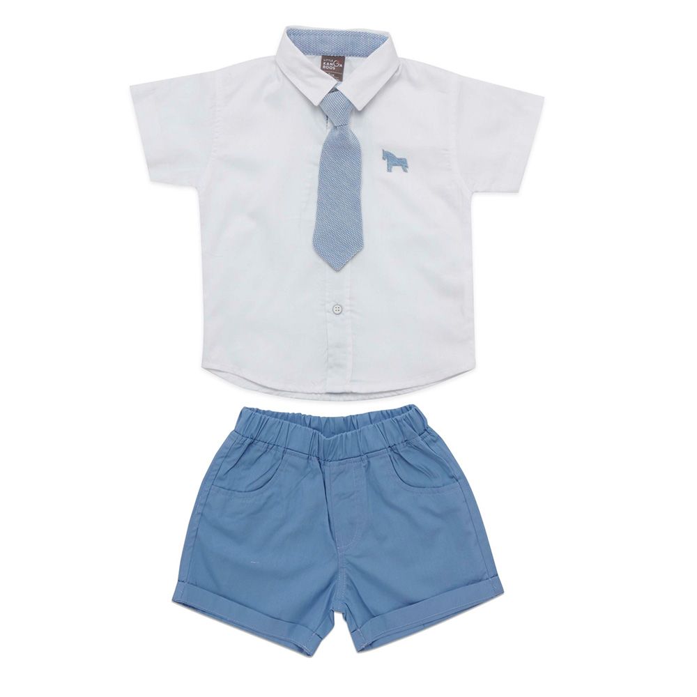 Little Kangaroos - 3pc-Set - Baby Boy Shirt, Tie & Shorts - White/Sky Blue