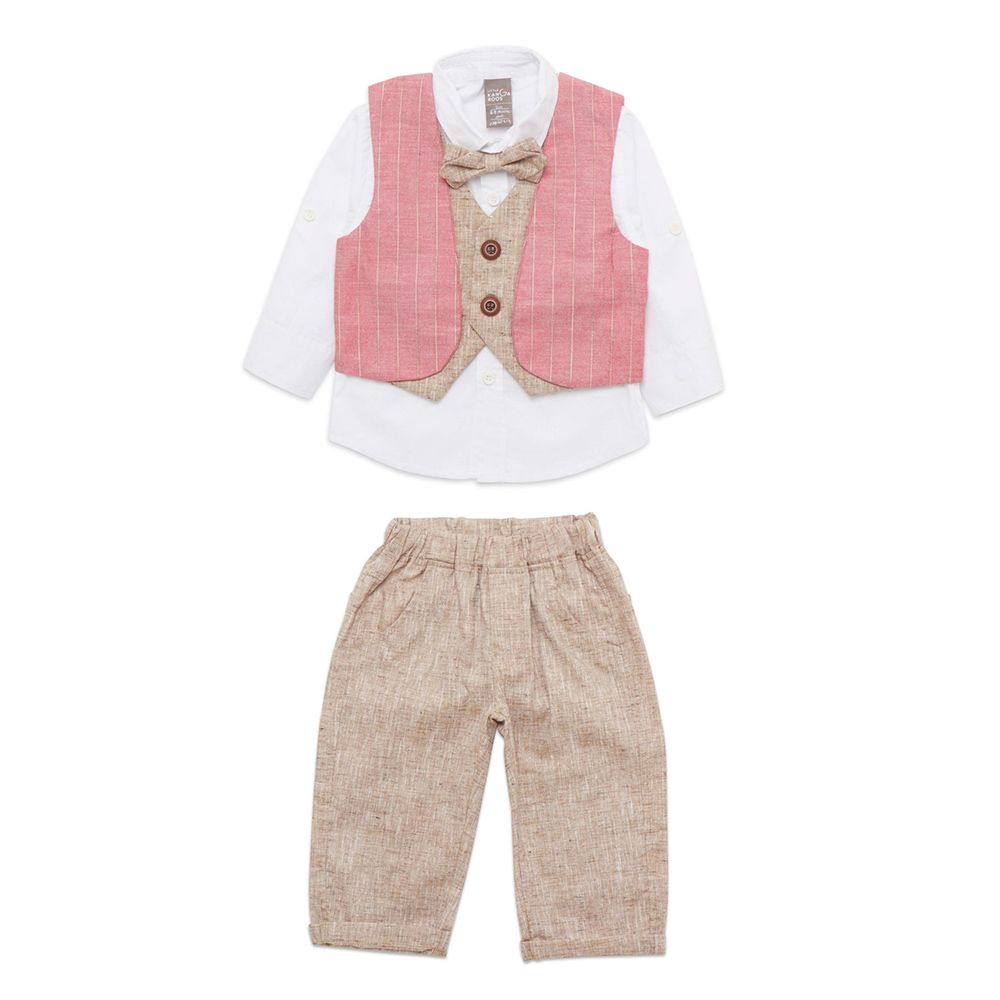 Little Kangaroos - 3pc-Set - Baby Boy Shirt, Waistcoat & Pants - Pink/White