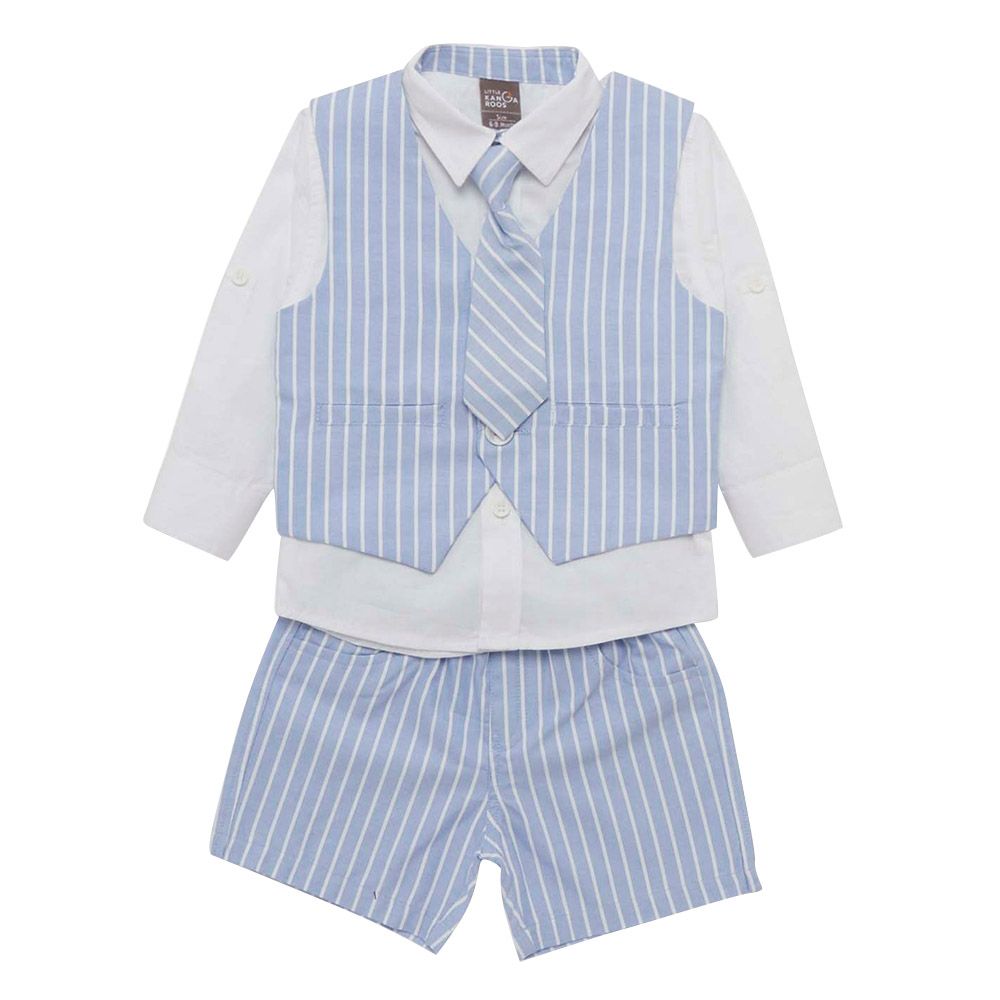 Little Kangaroos - 3pc-Set - Baby Boy Shirt, Waistcoat & Shorts - White/Sky Blue