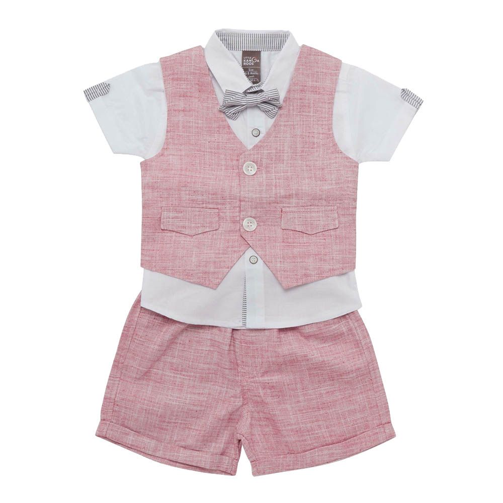 Little Kangaroos - 3pc-Set - Baby Boy Shirt, Waistcoat & Shorts - Pink