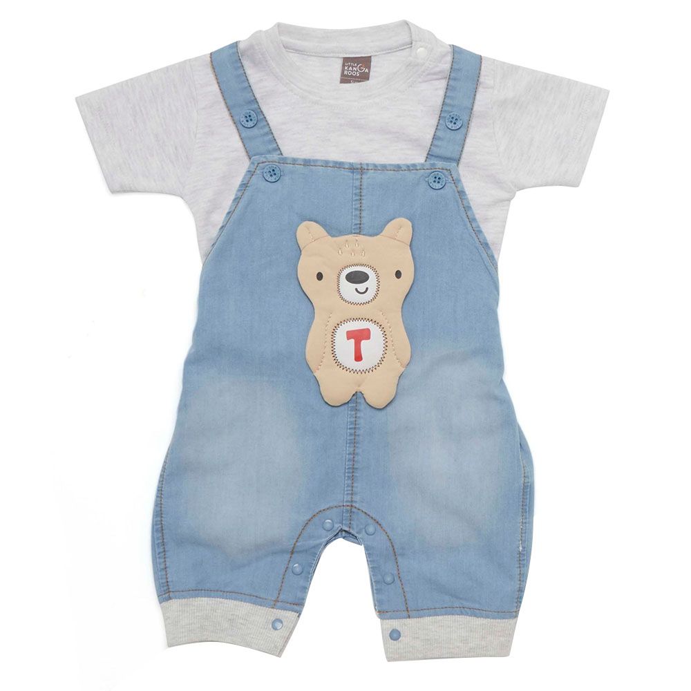 Little Kangaroos - 2pc-Set - Baby Boy T-Shirt & Dungaree - Light Blue/Grey Melange