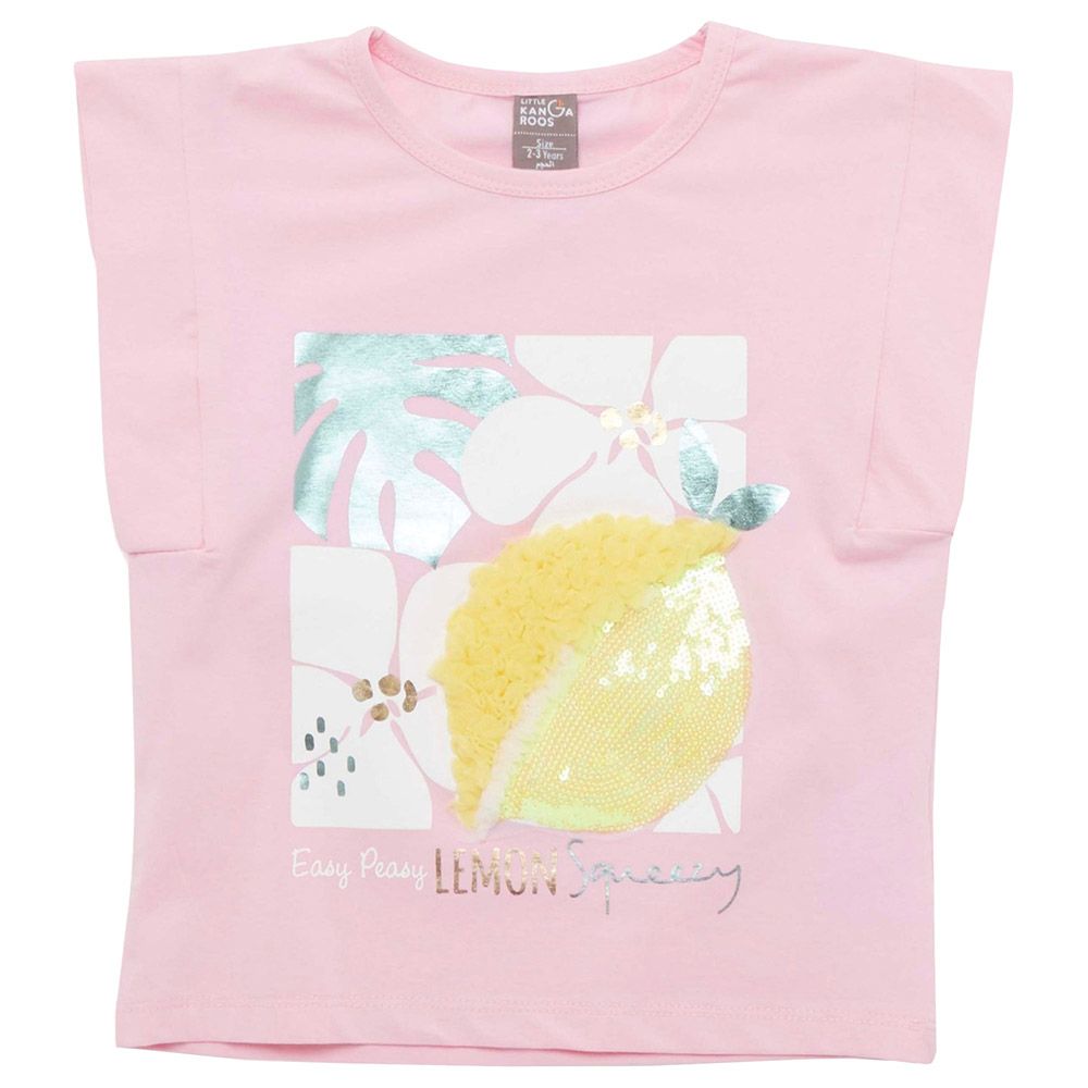 Little Kangaroos - Girl Round Neck Sleeveless Lemon Print T-Shirt - Pink