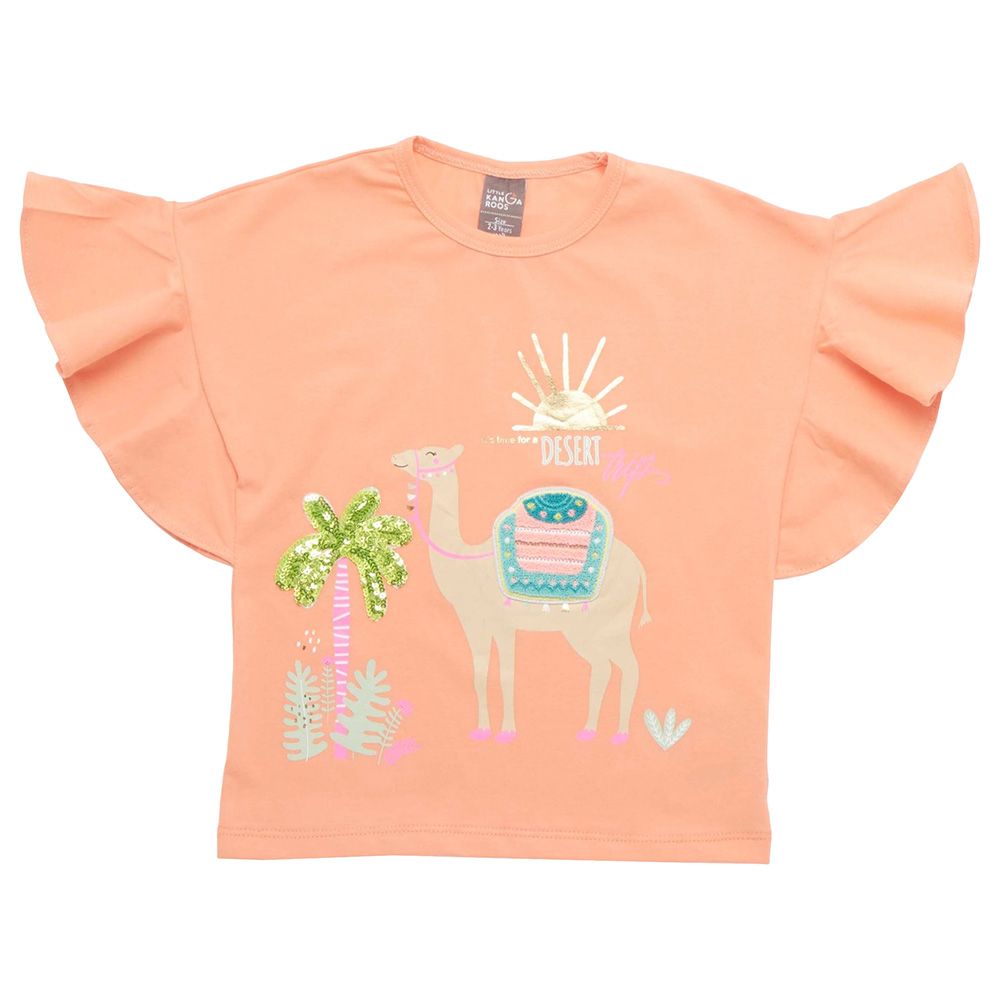 Little Kangaroos - Girl Round Neck Flare Sleeve Desert T-Shirt - Orange