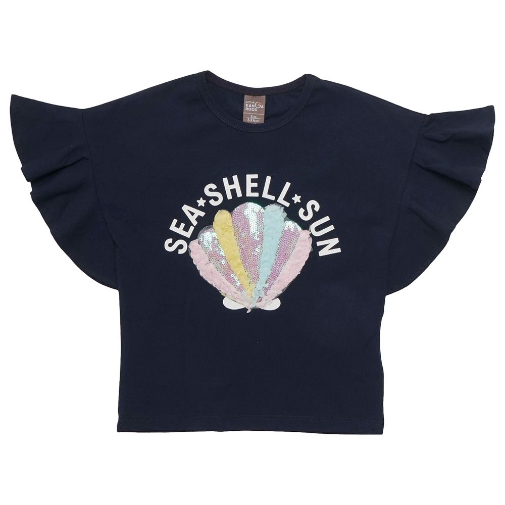 Little Kangaroos - Girl Round Neck Seashell T-Shirt - Navy