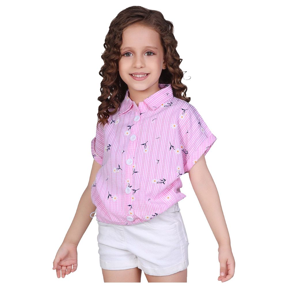 Little Kangaroos - Girl Collar Neck Fold Sleeve Printed Blouse - Pink