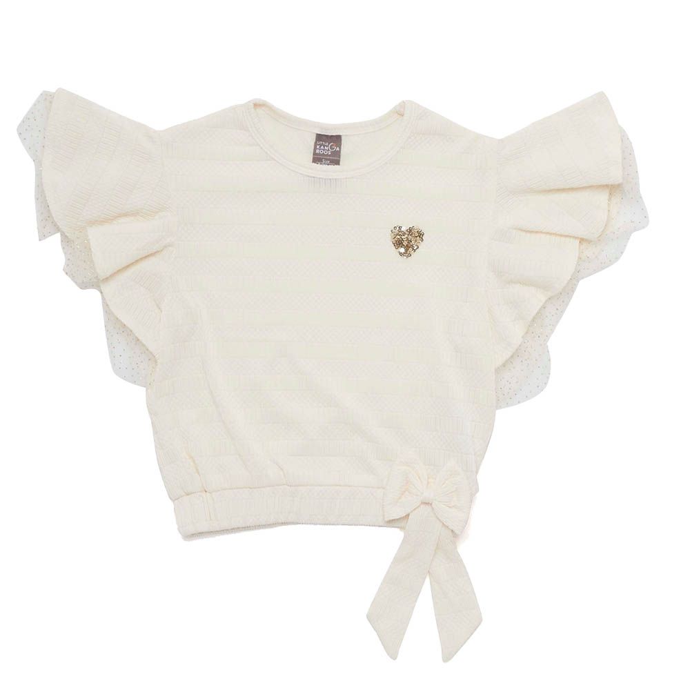 Little Kangaroos - Girl Frill Sleeve Knitted Top - Off-White