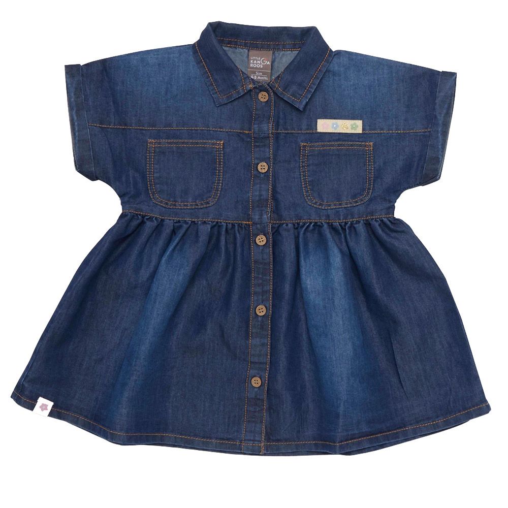 Little Kangaroos - Baby Girl Collar Neck Denim Dress - Dark Blue