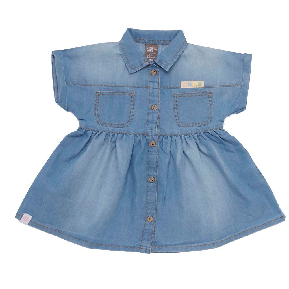 Little Kangaroos - Baby Girl Collar Neck Denim Dress - Light Blue