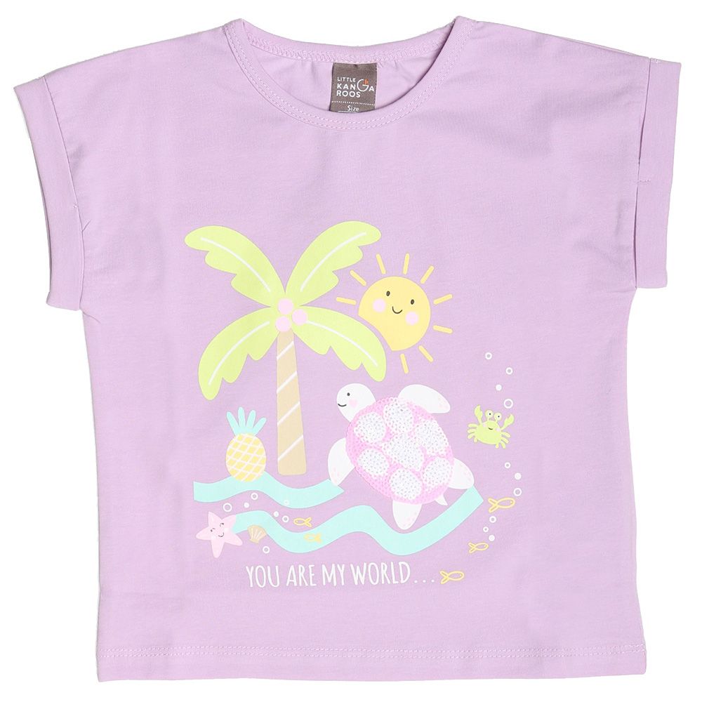 Little Kangaroos - Baby Girl Frill Sleeve Turtle Print T-Shirt - Purple