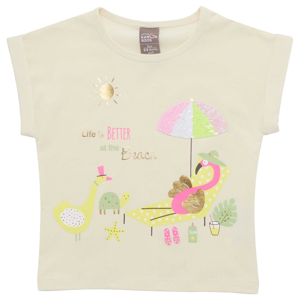 Little Kangaroos - Baby Girl Round Neck Beach Print T-Shirt - Cream