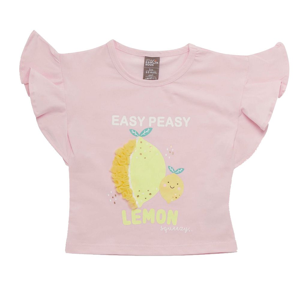 Little Kangaroos - Baby Girl Frill Sleeve Lemon Print T-Shirt - Baby Pink