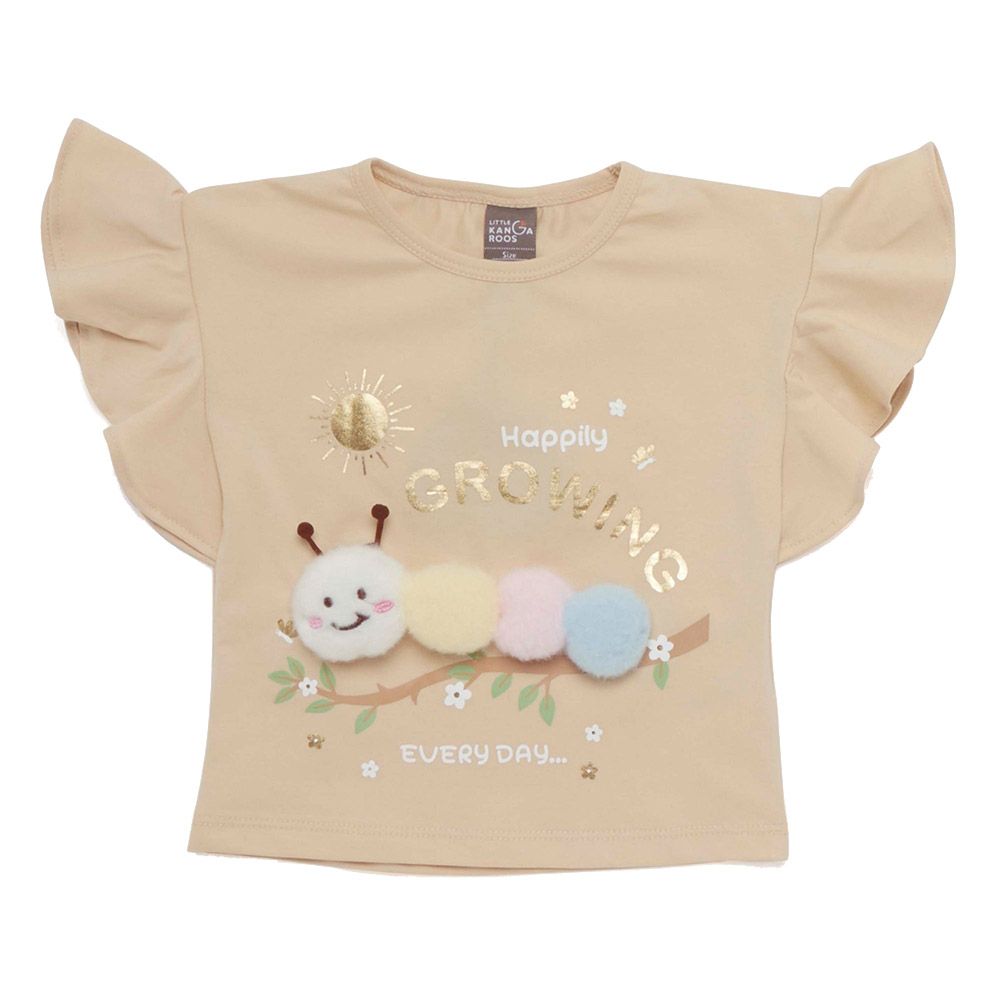 Little Kangaroos - Baby Girl Round Neck Frill Sleeve T-Shirt - Fawn