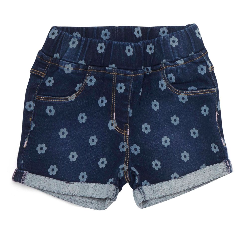 Little Kangaroos - Baby Girl Printed Elasticated Denim Shorts - Dark Blue