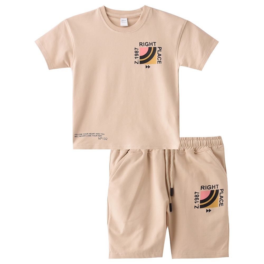 Genius - 2pc-Set - Boy Half Sleeve T-shirt With Bermuda - Light Beige