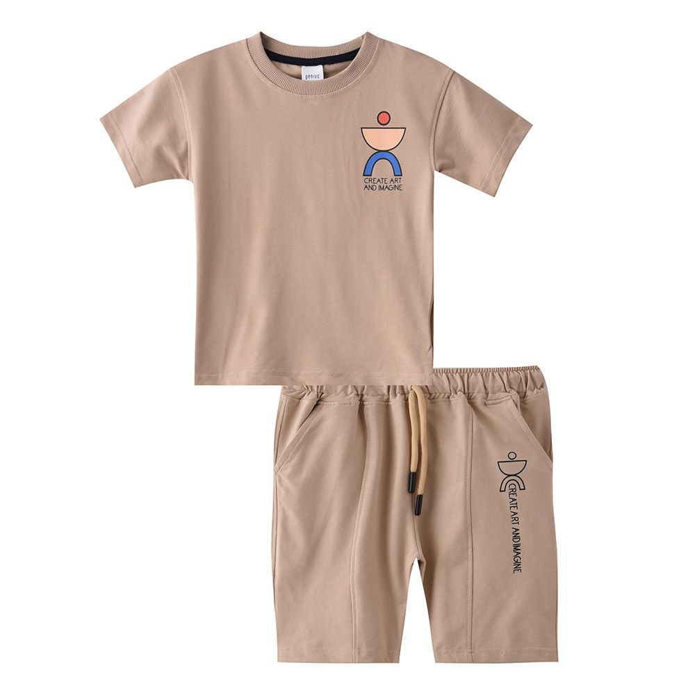 Genius - 2pc-Set - Boy's Printed Half Sleeve T-Shirt w/ Bermuda Shorts - Beige