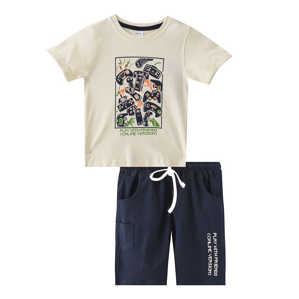 Genius - 2pc-Set - Boy's Short Sleeve T-Shirt w/ Bermuda Shorts - Cream/Navy Blue