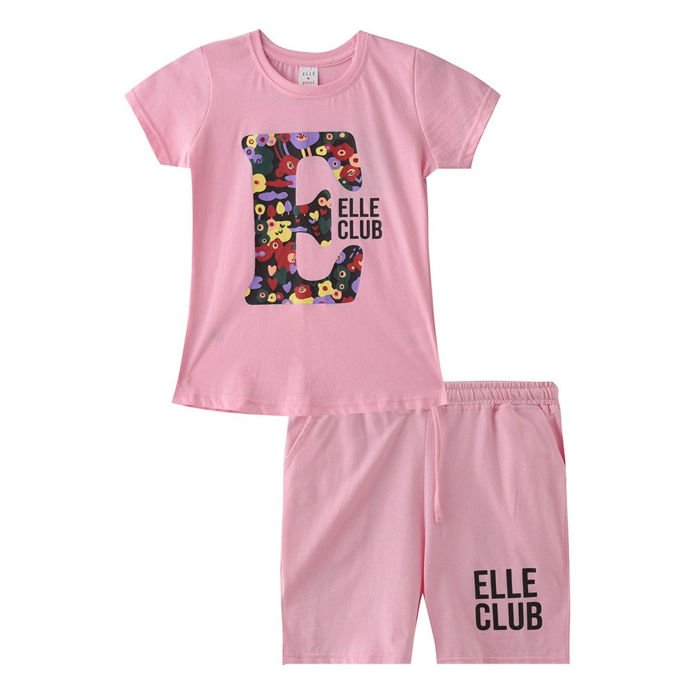 Genius - 2pc-Set - Girl's Printed Half Sleeve T-Shirt w/ Shorts - Pink 