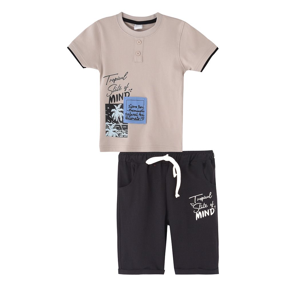 Genius - 2pc-Set - Boy's Short Sleeve T-Shirt w/ Bermuda Shorts - Light Beige/Black