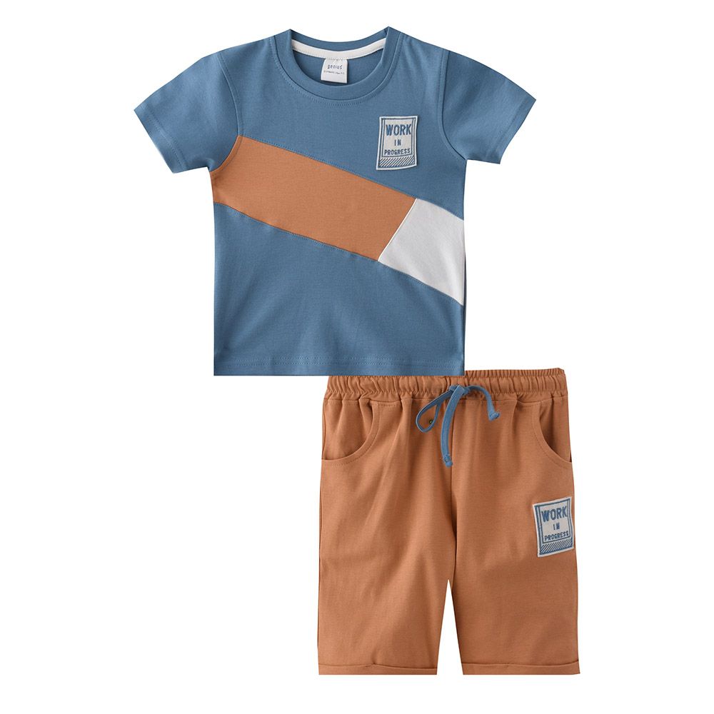 Genius - 2pc-Set - Boy's Short Sleeve T-Shirt w/ Bermuda Shorts - Steel Blue/Brown