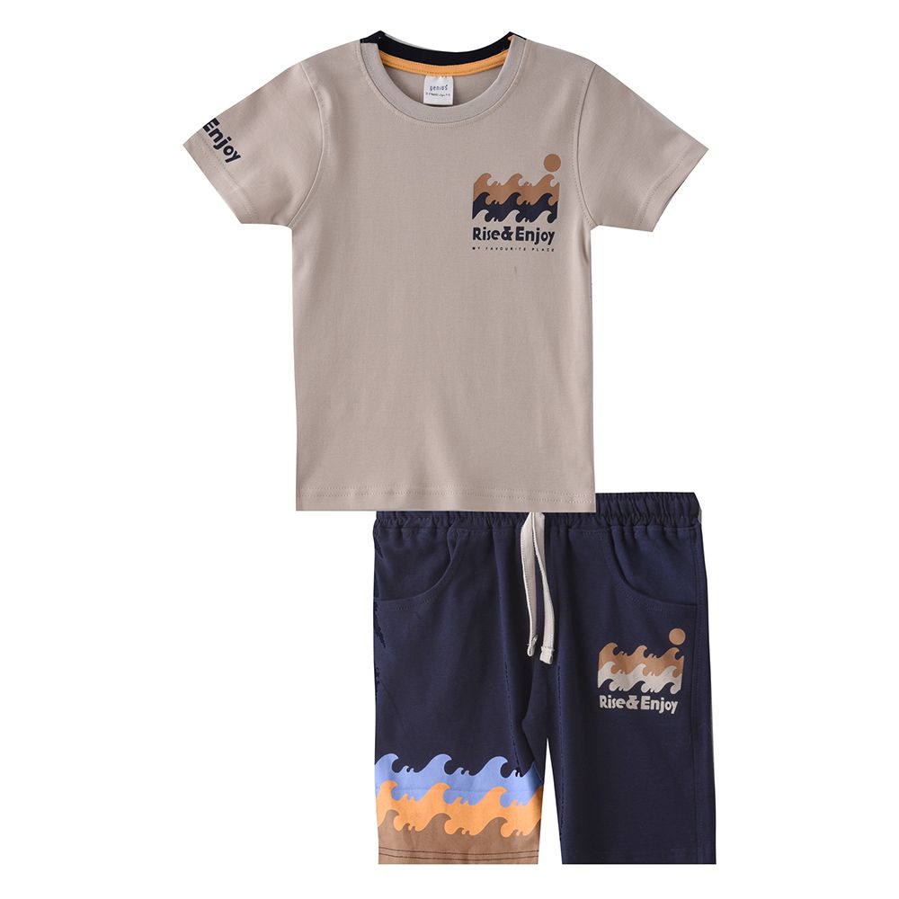 Genius - 2pc-Set - Boy's Half Sleeve T-Shirt w/ Bermuda Shorts - Light Beige/Navy