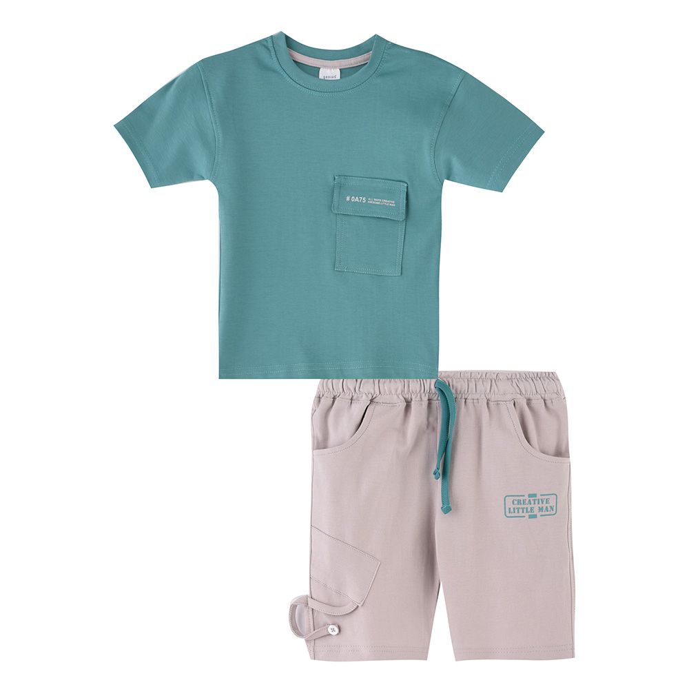 Genius - 2pc-Set - Boy's Short Sleeve T-Shirt w/ Bermuda Shorts - Sea Green/Beige