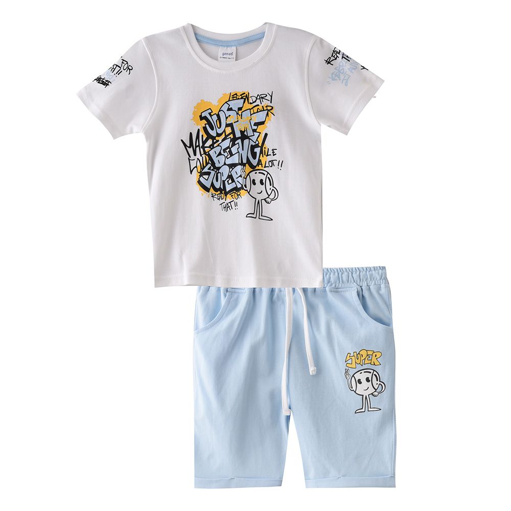 Genius - 2pc-Set - Boy's Half Sleeve T-Shirt w/ Bermuda Shorts - White/Light Blue