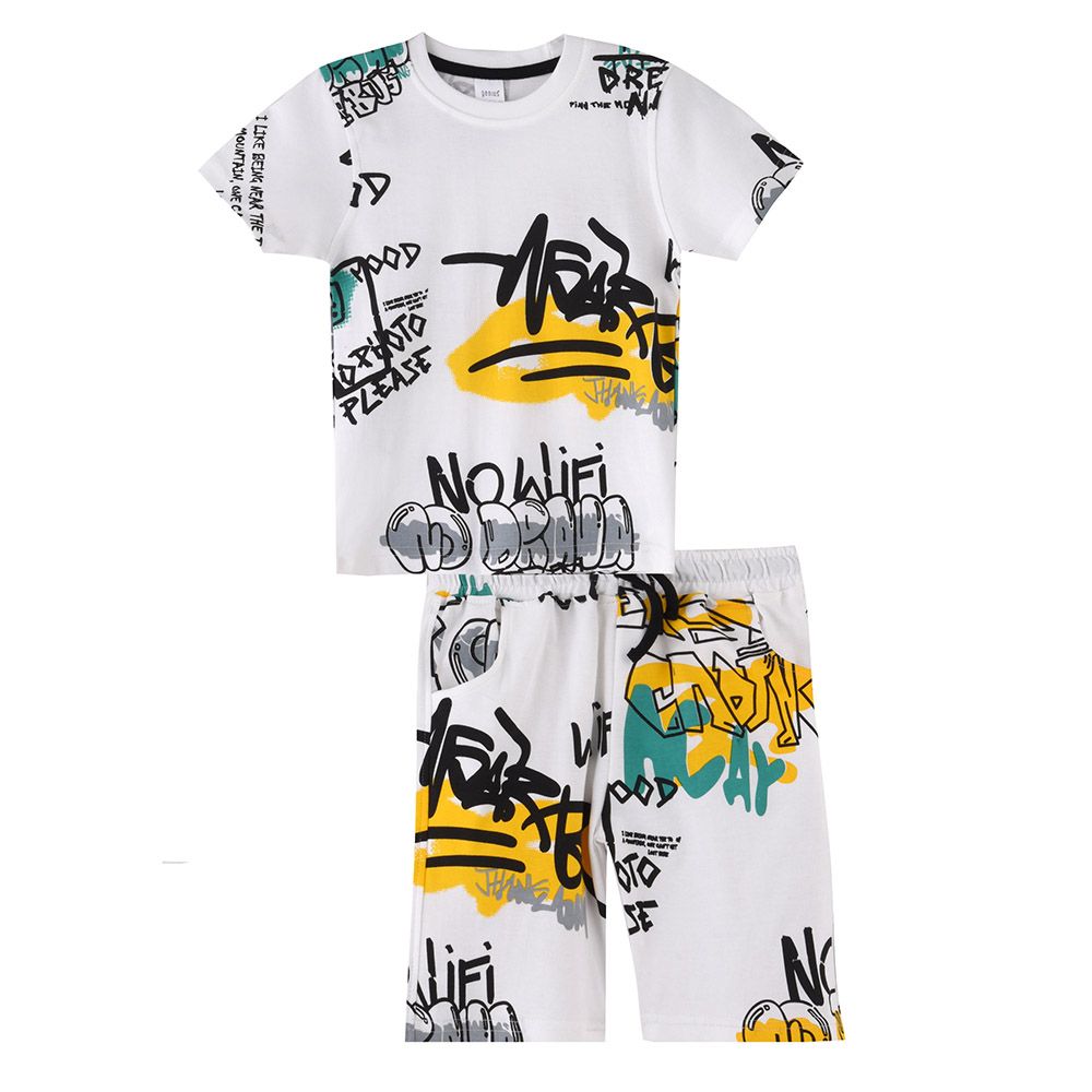 Genius - 2pc-Set - Boy's Printed Short Sleeve T-Shirt w/ Bermuda Shorts - White