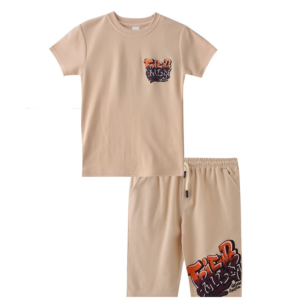 Genius - 2pc-Set - Boy's Half Sleeve T-Shirt w/ Bermuda Shorts - Light Beige