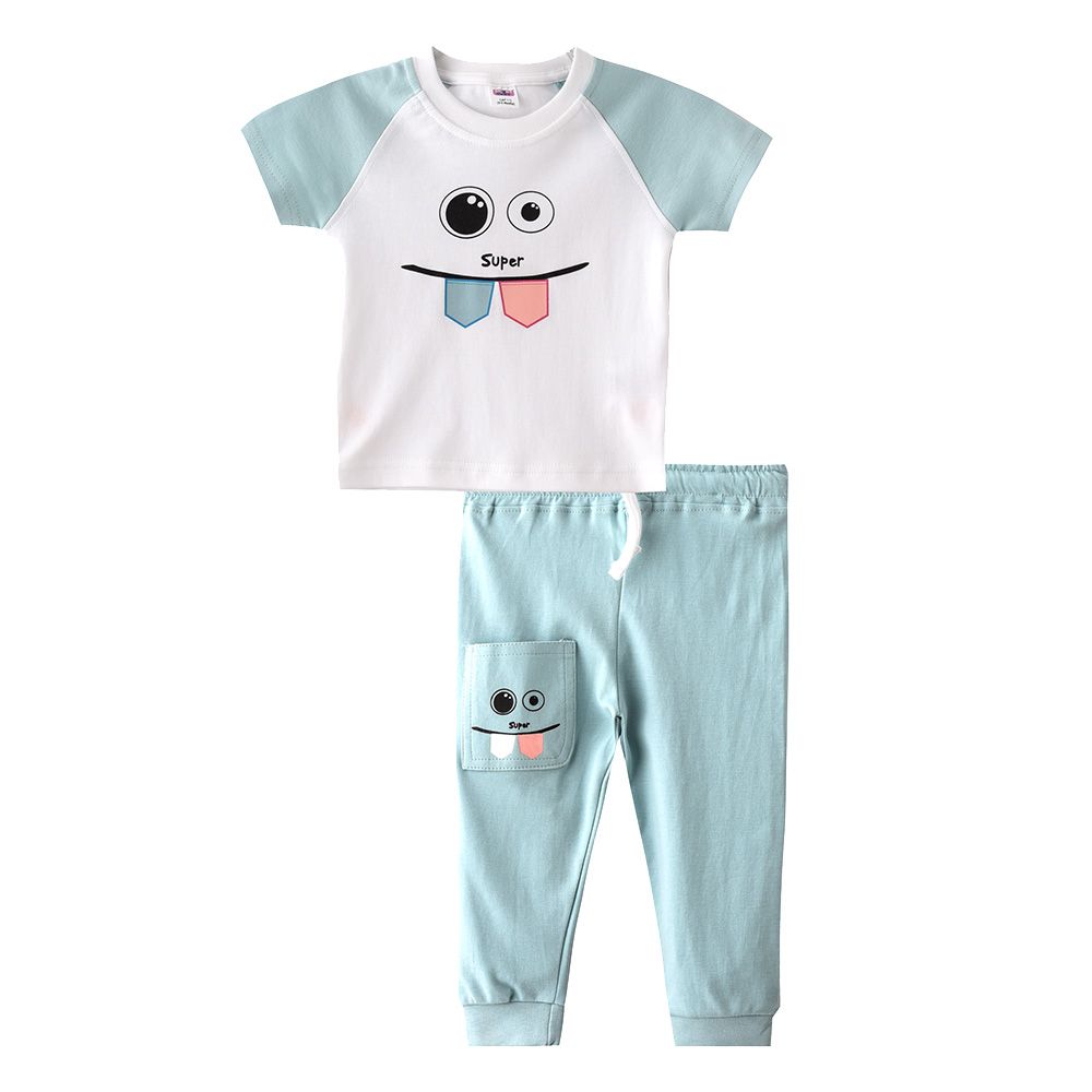 Smart Baby - 2pc-Set - Baby Boy Half Sleeve T-shirt And Pants - White