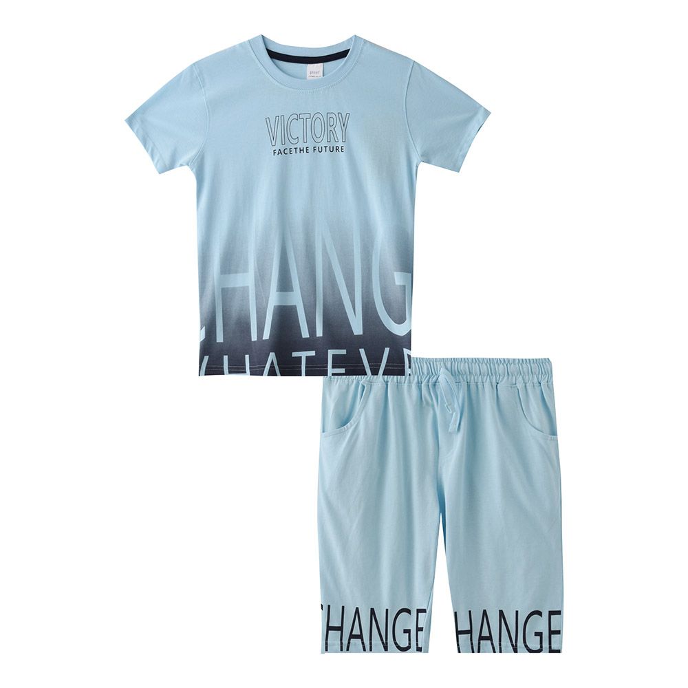 Genius - 2pc-Set - Boy's Victory Print Half Sleeve T-Shirt w/ Bermuda Shorts - Blue