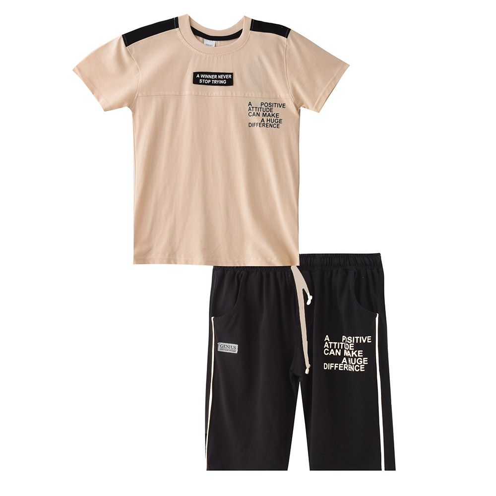 Genius - 2pc-Set - Boy's Half Sleeve T-Shirt w/ Bermuda Shorts - Light Peach/Black