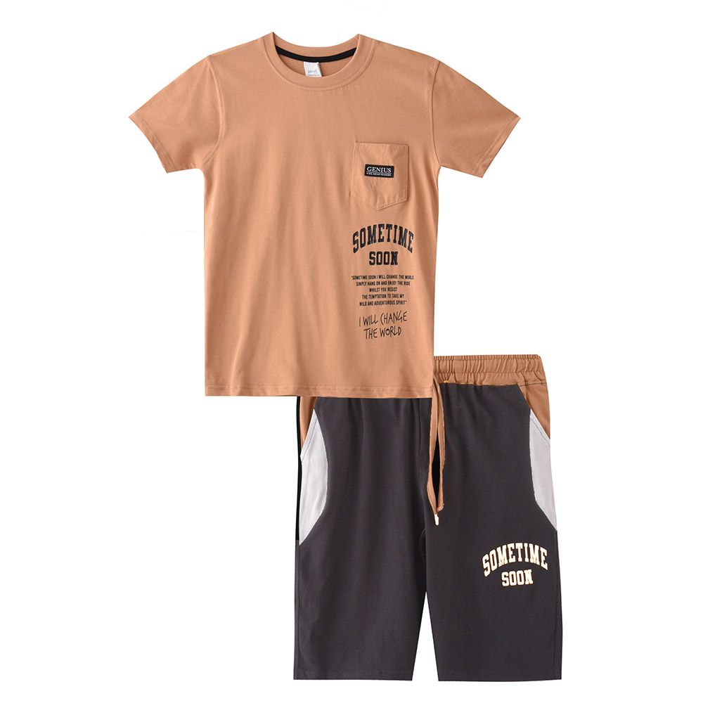 Genius - 2pc-Set - Boy's Half Sleeve T-Shirt w/ Bermuda Shorts - Dark Beige/Black