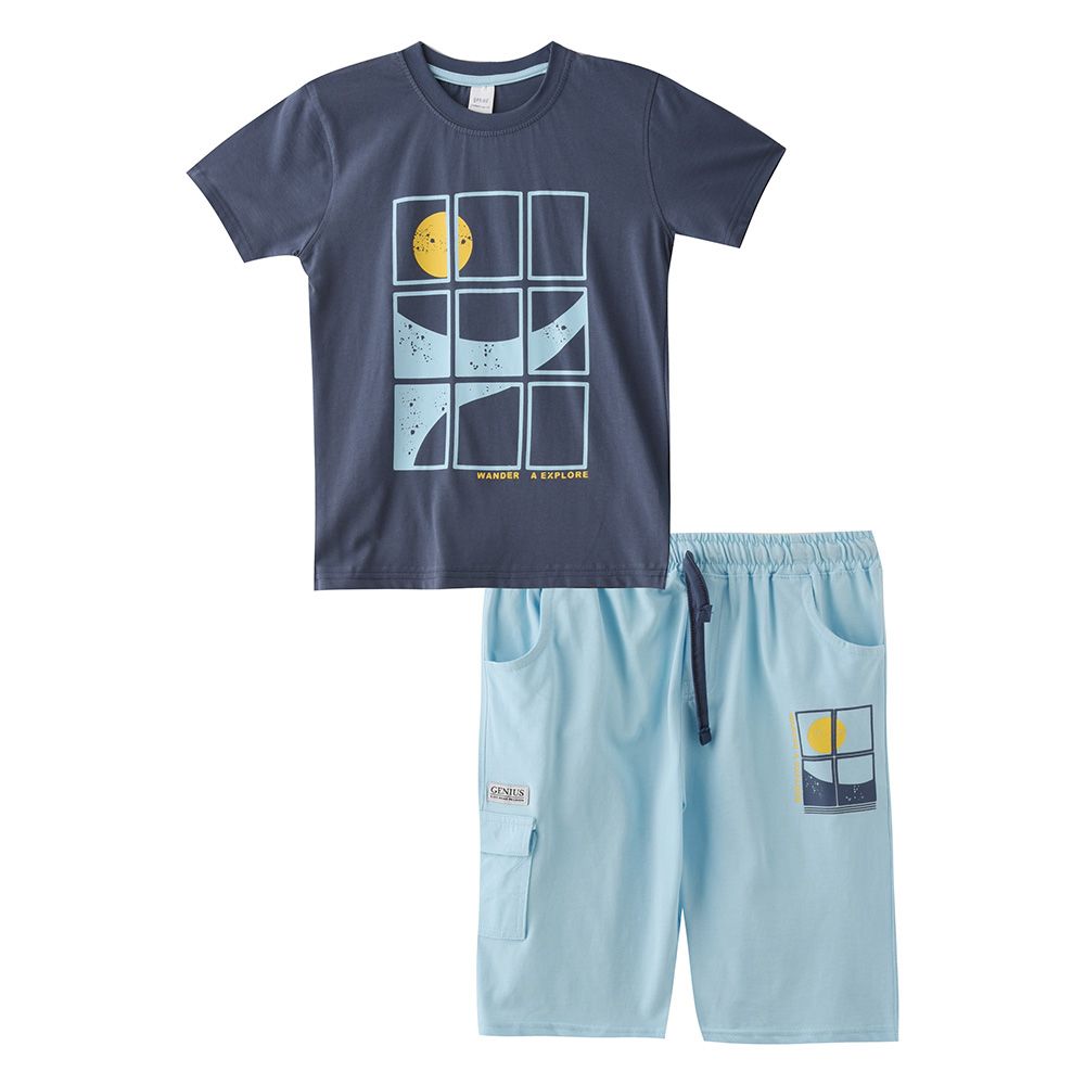 Genius - 2pc-Set - Boy's Printed Half Sleeve T-Shirt w/ Bermuda Shorts - Blue