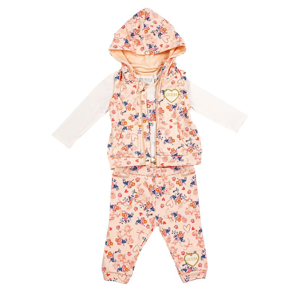 Guess - 3pc-Set - Hooded Vest, Bodysuit & Pants - White/Peach