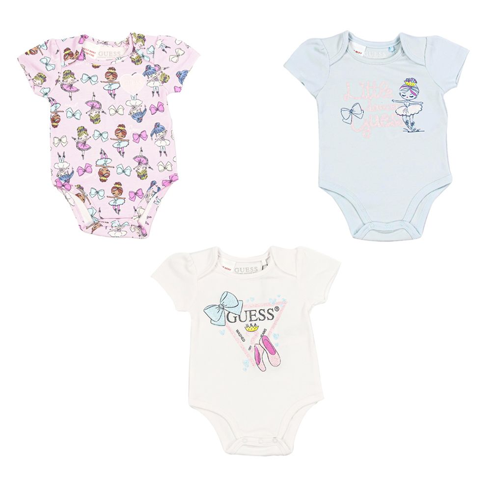 Guess - 3pc-Set - Short Sleeve Bodysuit - White Blue & Pink